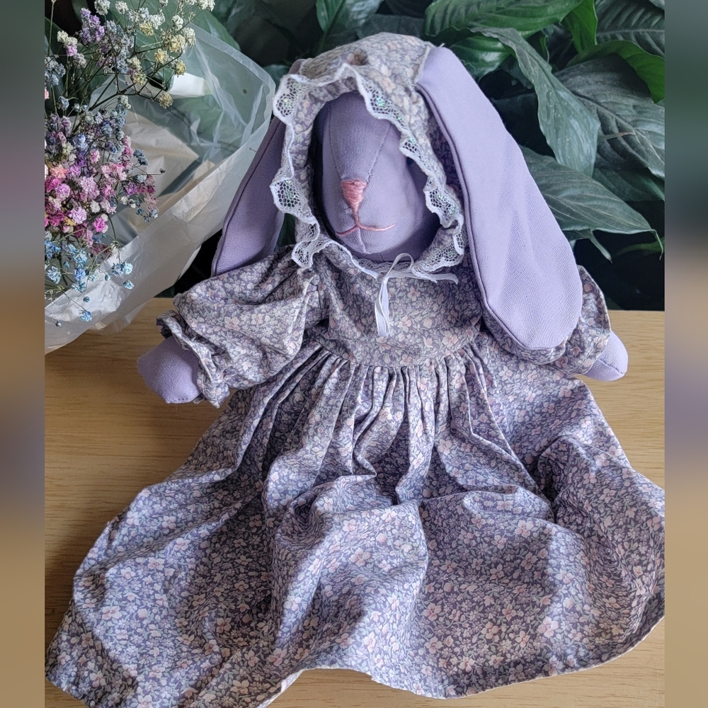 Handmade Lilac Bunny w/ Handmade bonnet & clothes.